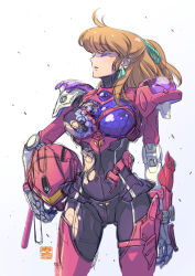 1girl anice_farm armor artist_name breasts brown_hair chouon_senshi_borgman closed_eyes damaged earrings green_ribbon hair_behind_ear hair_ribbon helmet highres holding holding_helmet jewelry kotobuki_tsukasa medium_breasts open_mouth pink_helmet ponytail power_armor ribbon science_fiction sketch solo triangle_earrings unworn_headwear unworn_helmet white_background