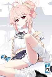 1girl absurdres ahoge ass black_shoes black_skirt blue_archive blush breasts closed_mouth drinking_straw halo highres jacket long_hair looking_at_viewer milk_carton natsu_(band)_(blue_archive) natsu_(blue_archive) navel official_alternate_costume open_clothes open_jacket otakummm panties pink_hair pink_halo pleated_skirt red_eyes shirt shoes skirt small_breasts socks solo underwear white_panties white_shirt white_socks yellow_jacket