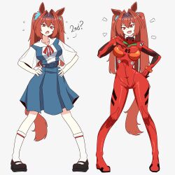 Rule 34 | 1girl, absurdres, animal ears, blue dress, bodysuit, breasts, brown hair, collarbone, commentary, cosplay, crossover, daiwa scarlet (umamusume), dress, english commentary, full body, hair intakes, highres, horse ears, horse girl, horse tail, long hair, looking at viewer, mecha pilot suit, mii rza, multiple views, navel, neck ribbon, neon genesis evangelion, open mouth, pinafore dress, plugsuit (evangelion), red bodysuit, red eyes, red ribbon, ribbon, school uniform, shirt, short sleeves, sleeveless, sleeveless dress, socks, souryuu asuka langley, souryuu asuka langley (cosplay), tail, tiara, tokyo-3 middle school uniform, twintails, umamusume, very long hair, white shirt, white socks