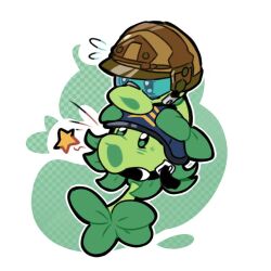 black_eyes black_helmet blue-tinted_eyewear brown_helmet checkered_background chin_rest chinese_commentary commentary_request dual_persona flying_sweatdrops gatling_pea_(plants_vs_zombies) green_background head_on_head head_rest helmet leaf lying no_humans on_back outline plant plant_focus plants_vs._zombies plants_vs._zombies_2 plants_vs._zombies_2_(chinese) shenmeshihou simple_background solid_oval_eyes star_(symbol) tinted_eyewear white_background white_outline