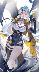 1girl arm_behind_back black_bra black_gloves black_shorts black_thighhighs bra breasts closed_mouth elbow_gloves fingerless_gloves gloves he_jiu highres holding holding_paper large_breasts long_hair paper shirt shorts single_elbow_glove smile solo thigh_strap thighhighs underwear very_long_hair white_hair white_shirt yellow_eyes yixuan_(zenless_zone_zero) zenless_zone_zero