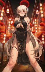 1girl absurdres arm_strap bare_shoulders black_dress breasts china_dress chinese_clothes cleavage clothes_lift clothing_cutout commission dress dress_lift flower glitter_dress hair_between_eyes hair_flower hair_ornament highres large_breasts legs_apart lethe_rin lifting_own_clothes long_hair looking_at_viewer muloli night night_sky no_bra no_panties original outdoors pelvic_curtain red_eyes road scrunchie sky sleeveless sleeveless_dress solo standing street thigh_strap thighs underboob underboob_cutout very_long_hair white_hair wrist_scrunchie