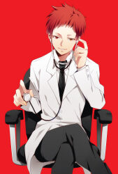 1boy akashi_seijuurou alternate_costume black_necktie black_pants buttons chair collared_shirt cowboy_shot crossed_legs doctor forehead heterochromia holding holding_stethoscope kuroko_no_basuke lab_coat lapels layered_sleeves long_sleeves looking_at_viewer male_focus necktie notched_lapels office_chair on_chair pants parted_lips red_background red_eyes red_hair ryabu shirt short_hair simple_background sitting smile solo stethoscope straight-on swivel_chair teeth white_shirt yellow_eyes