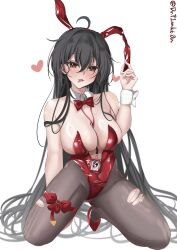 1girl animal_ear_hairband animal_ears azur_lane black_hair blush bow bowtie breasts dr.plankton fake_animal_ears hair_spread_out hairband highres leotard long_hair official_alternate_costume pantyhose playboy_bunny rabbit_ear_hairband rabbit_ears red_bow red_bowtie red_eyes red_leotard solo strapless strapless_leotard taihou_(azur_lane) taihou_(fun_on_the_baize)_(azur_lane) torn_clothes torn_pantyhose undersized_breast_cup very_long_hair white_wrist_cuffs wrist_cuffs