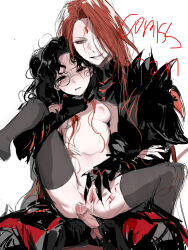 1boy after_vaginal aftersex amon_(lord_of_the_mysteries) armor black_armor black_eyes black_hair black_thighhighs blood blush body_writing breasts chinese_commentary commentary_request cum cumdrip erection facial_mark forehead_mark full_armor genderswap genderswap_(mtf) highres kikinotamai long_hair lord_of_the_mysteries medici_(lord_of_the_mysteries) messy_hair monocle nipples nude parted_bangs penis red_eyes red_hair small_breasts smile spread_pussy spreading_another&#039;s_pussy tally testicles thighhighs twintails