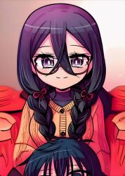 1girl artist_request black_hair boku_wa_kimitachi_wo_shihai_suru glasses happy jacket long_hair orange_jacket purple_eyes source tanaka_mimori upper_body