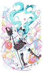 39_music_(vocaloid) :d absurdres aqua_eyes aqua_hair aqua_necktie aqua_ribbon arm_up armpits balloon black_boots black_bow black_gloves black_skirt blush boots bow buttons cable character_doll collared_shirt commentary container dialogue_box doll envelope floating floating_hair framed_breasts frilled_skirt frills gloves hair_bow happy hatsune_miku headphones heart heart_balloon highres holding holding_doll instrument keyboard_(instrument) long_hair looking_at_viewer magical_mirai_(vocaloid) magical_mirai_miku magical_mirai_miku_(2016) microphone microphone_stand murupuru_22 necktie open_mouth piano_keys platform_boots pocket ribbon shirt short_necktie skirt sleeveless sleeveless_shirt smile sparkle speech_bubble spoken_heart star_(symbol) striped_clothes striped_skirt thigh_boots thighhighs twintails two-tone_gloves vertical-striped_clothes vertical-striped_skirt very_long_hair vocaloid w white_gloves white_shirt zettai_ryouiki