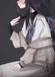 1girl absurdres black_hair blue_archive blush cardigan chair closed_mouth from_side grey_cardigan hair_ribbon hand_up highres hot jewelry kagamocha2 long_hair long_skirt long_sleeves neckerchief pendant purple_neckerchief purple_ribbon ribbon shirt sitting skirt solo sweat ui_(blue_archive) white_shirt white_skirt
