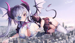 Rule 34 | 1girl, apple (luffy123), black panties, black skirt, breasts, city, cleavage, demon horns, demon tail, destruction, dress, frilled dress, frills, giant, giantess, highres, horns, huge breasts, looking at viewer, maid, original, outdoors, panties, pink eyes, short sleeves, skirt, tail, thighhighs, underwear, white hair, white thighhighs
