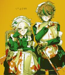 2boys ahoge aotsuki_eito apron armband black_gloves black_skirt black_streaks blood blood_on_clothes blood_on_eyewear blood_on_face blood_on_gloves bloody_weapon closed_eyes corrupted_twitter_file crossdressing eyeshadow facing_viewer glasses gloves grey_eyes hair_ornament hairpin hashtag-only_commentary highres holding holding_plate holding_sword holding_weapon looking_at_viewer maid maid_apron maid_headdress makeup male_focus male_maid multicolored_hair multiple_boys plate red_eyeshadow red_hair short_hair simple_background skirt streaked_hair sumino_takumi sword the_hundred_line_-last_defense_academy- tw4wnpkqamfirtg weapon white_armband white_gloves white_hair yellow_background