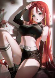 1girl akane_lize arm_up bare_shoulders belt black_eyes black_shirt black_shorts blood blood_on_wall boots breasts crop_top detached_sleeves ear_piercing earrings hair_ornament hairclip hashtag-only_commentary highres ika_(4801055) jewelry knee_up kneehighs large_breasts long_hair long_sleeves looking_at_viewer midriff mole mole_on_cheek multicolored_hair navel piercing red_hair shadow shirt short_shorts shorts sleeveless sleeveless_shirt socks solo stellive streaked_hair thighs very_long_hair virtual_youtuber white_socks