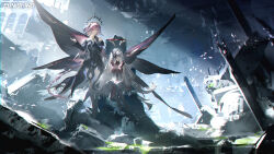 Rule 34 | 2girls, absurdres, bug, butterfly, chaos (pgr), highres, insect, ishmael (pgr), long hair, looking at viewer, medium hair, multiple girls, official art, official wallpaper, one eye covered, pink hair, punishing: gray raven, sitting, white hair, wings, yellow eyes