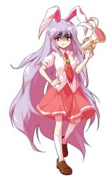 1girl animal_ears breasts brown_shoes collared_shirt commentary_request dairi food-themed_ornament full_body gun hand_on_own_hip handgun highres holding holding_gun holding_weapon kneehighs large_variant_set loafers long_hair lop_rabbit_ears lunatic_gun necktie puffy_short_sleeves puffy_sleeves purple_hair rabbit_ears red_necktie red_skirt reisen_udongein_inaba serious shirt shoes short_sleeves skirt socks solo standing standing_on_one_leg tachi-e tie_clip touhou transparent_background untucked_shirt variant_set very_long_hair weapon white_shirt white_socks wing_collar