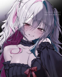 Rule 34 | absurdres, artist name, bare shoulders, black choker, black dress, blue hair, blush, bow, breasts, choker, cleavage, collarbone, commentary request, commission, cross hair ornament, dress, frilled choker, frilled dress, frills, gradient background, hair between eyes, hair ornament, highres, kumo tabetai, large breasts, long hair, looking at viewer, making-of available, multicolored hair, original, parted lips, pink hair, red bow, red eyes, skeb commission, smile, strapless, strapless dress, teeth, upper body, white hair