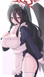 1girl absurdres alternate_costume apron black_dress black_hair black_wings blue_archive breasts cleavage dress enmaided frilled_apron frills garter_straps hair_between_eyes halo hasumi_(blue_archive) highres juliet_sleeves long_hair long_hair_between_eyes long_sleeves looking_at_viewer maid maid_apron maid_headdress mole mole_under_eye peeeeee5765 puffy_sleeves red_eyes red_halo side_slit skindentation solo thick_thighs thighhighs thighs white_apron white_thighhighs wings wrist_cuffs