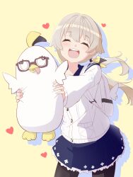 Rule 34 | 1girl, :d, ^ ^, backpack, bag, black pantyhose, blonde hair, blue archive, blue sailor collar, blue skirt, buttons, cardigan, closed eyes, commentary request, floating hair, frilled skirt, frills, glasses, grey-framed eyewear, hair between eyes, hair ornament, heart, hifumi (blue archive), highres, holding, kyousuke (orcein), light blush, low twintails, open mouth, pantyhose, peroro (blue archive), pleated skirt, pocket, sailor collar, shadow, skirt, smile, solo, teeth, twintails, upper teeth only, white bag, white cardigan, wing hair ornament, yellow background