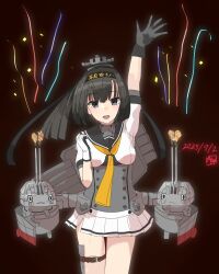 1girl absurdres akizuki_(kancolle) arm_up black_eyes black_gloves black_hair black_headband black_sailor_collar breasts check_translation chou-10cm-hou-chan chou-10cm-hou-chan_(akizuki&#039;s) clothes_writing confetti dated gloves hachimaki headband highres kantai_collection medium_breasts neckerchief open_mouth orange_neckerchief pleated_skirt ponytail rigging sailor_collar school_uniform serafuku short_sleeves signature skirt streamers thigh_strap translation_request white_gloves white_skirt yuushou
