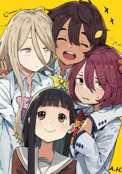 Rule 34 | 4girls, ^ ^, absurdres, ahoge, alexander herrington, asymmetrical sidelocks, black hair, blonde hair, blunt bangs, bow, bowtie, brown eyes, brown hair, closed eyes, closed mouth, collared shirt, commentary, dot mouth, english commentary, flying sweatdrops, food-themed hair ornament, green bow, green bowtie, hair between eyes, hair ornament, hairclip, highres, jacket, komari chika, lemon hair ornament, long hair, make heroine ga oo sugiru!, multiple girls, nukumizu kaju, open mouth, orange bow, orange bowtie, pink bow, pink bowtie, purple bow, purple bowtie, red bow, red bowtie, sailor collar, school uniform, serafuku, shikiya yumeko, shirt, short hair, signature, simple background, smile, sparkle, tearing up, teeth, upper teeth only, wavy mouth, white jacket, white sailor collar, white shirt, yakishio lemon, yellow background, yellow bow, yellow bowtie, yellow eyes