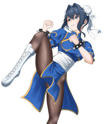 1girl absurdres black_pantyhose blue_eyes blue_hair boots bracelet bun_cover capcom chun-li chun-li_(cosplay) clenched_hands commentary cosplay double-parted_bangs double_bun dress english_commentary fighting_stance foot_up hair_between_eyes hair_bun hair_intakes hazeillusts highres hololive hololive_english jewelry knee_boots lace-up_boots ouro_kronii pantyhose parted_lips pelvic_curtain puffy_short_sleeves puffy_sleeves sash short_hair short_sleeves simple_background solo spiked_bracelet spikes standing standing_on_one_leg street_fighter virtual_youtuber white_background white_boots white_sash
