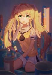 Rule 34 | 1girl, absurdres, ascot, black ascot, blonde hair, blush, chips (food), commentary, eating, english commentary, feet out of frame, flowingcrescent, food, food in mouth, green eyes, hair intakes, hair ornament, highres, holding, holding food, long hair, looking at viewer, on floor, potato chips, pringles can, sailor collar, school uniform, short sleeves, sitting, skirt, solo, summer pockets, summer pockets school uniform, summer uniform, sweater vest, tsumugi wenders, twintails, wariza, white sailor collar, white skirt, x hair ornament, yellow sweater vest