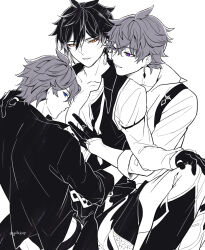 3boys genshin_impact gils3105 greyscale group_sex head_on_another&#039;s_shoulder monochrome multiple_boys open_clothes open_shirt tartaglia_(genshin_impact) threesome twitter white_background yaoi zhongli_(genshin_impact)