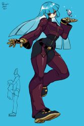Rule 34 | 1girl, belt, blue background, blue hair, bodysuit, bone nigi, breasts, curvy, full body, gloves, highres, ice, kula diamond, long hair, looking at viewer, medium breasts, purple eyes, signature, simple background, smile, the king of fighters, zipper