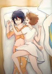 2girls black_hair bob_cut breasts brown_hair cleavage futon highres kill_la_kill mankanshoku_mako matoi_ryuuko midriff morning multicolored_hair multiple_girls navel nightgown on_person pajamas panties panty_peek red_hair short_hair sleeping sleepwear snoring sprawled streaked_hair underwear wavy_mouth white_panties yuan_ban_xizi yuri