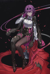 1girl absurdres ankle_boots asymmetrical_footwear auua black_background black_boots black_jacket black_pantyhose black_shorts boots breasts coin collared_shirt eyewear_on_head falling_petals glasses gloves high-waist_shorts high_heels highres holding holding_coin honkai:_star_rail honkai_(series) jacket jacket_on_shoulders kafka_(honkai:_star_rail) large_breasts looking_at_viewer pantyhose petals pince-nez purple_eyes purple_gloves purple_hair shirt shirt_tucked_in shorts sidelocks simple_background sitting smile solo sunglasses thigh_boots white_shirt