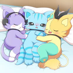 3girls :3 :o animal_ears animal_feet animal_hands beatcats black_bow blue_fur blush bow cat_ears cat_girl cat_tail chelsea_(beatcats) closed_eyes commentary_request cuddling furry furry_female furry_with_furry girl_sandwich headphones highres hug layla_(beatcats) lion_tail multiple_girls nervous on_bed pillow purple_fur remoa_(kuremoa3912) rico_(beatcats) sandwiched sanrio sweatdrop tail yellow_fur yuri