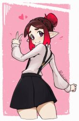 Rule 34 | 1girl, black skirt, borrowed character, braid, brown hair, commentary, cowboy shot, cropped legs, crown braid, eleanor (justadrian), english commentary, fang, fang out, from behind, gradient hair, hair bun, heart, long sleeves, looking at viewer, looking back, multicolored hair, original, parted bangs, pecokun 999, pink background, pointy ears, purple eyes, red hair, red pupils, shirt, simple background, skin fang, skirt, smile, solo, suspender skirt, suspenders, w, white shirt