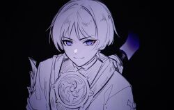 1boy black_background blunt_ends cable closed_mouth eyeliner eyeshadow genshin_impact greyscale highres japanese_clothes jewelry kimono light_frown looking_at_viewer makeup male_focus mitsudomoe_(shape) monochrome neck_ring open_clothes open_kimono portrait purple_eyes red_eyeliner red_eyeshadow scaramouche_(genshin_impact) sgm618 short_sleeves single_sode smile solo spot_color tomoe_(symbol) twitter_username wispy_bangs
