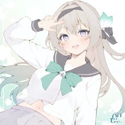 1girl belly black_hairband black_ribbon black_sailor_collar blush bow bowtie buttons dodosako double-breasted firefly_(honkai:_star_rail) firefly_(spring_missive)_(honkai:_star_rail) gradient_hair green_bow green_bowtie green_pupils grey_hair grey_skirt hair_between_eyes hair_intakes hairband highres honkai:_star_rail honkai_(series) long_hair long_sleeves multicolored_hair navel official_alternate_costume open_mouth pleated_skirt purple_eyes ribbon sailor_collar simple_background skirt smile solo v v_over_head white_background white_sleeves