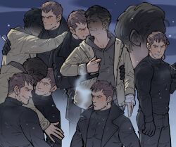 Rule 34 | 2boys, arm up, black gloves, black hoodie, black jacket, black pants, black shirt, blonde hair, blush, brown hair, chris redfield, cigarette, closed mouth, couple, drawstring, ethan winters, facial hair, gloves, hand on another&#039;s back, highres, holding, holding cigarette, hood, hood down, hoodie, hug, hug from behind, jacket, kalamari, lapels, long sleeves, looking to the side, male focus, multiple boys, multiple views, one eye closed, pants, resident evil, resident evil village, shaded face, shirt, short hair, smile, smoke, smoke trail, smoking, snow, teeth, turtleneck, yaoi, yellow hoodie