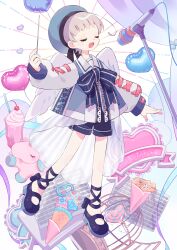 1girl :d absurdres ankle_lace-up balloon blue_bow blue_bowtie blue_hat blue_shoes blue_shorts blunt_bangs bow bowtie closed_eyes commentary_request food full_body grey_hair hat heart_balloon highres holding_baton ice_cream long_sleeves mary_janes microphone microphone_stand open_mouth original shirt shoes short_hair shorts smile solo sorata123 white_shirt white_wings wings yume_kawaii