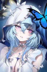 1girl armlet blue_butterfly blue_hair blue_veil breasts bug butterfly collarbone commentary dress english_commentary erbium hair_between_eyes highres insect jewelry large_breasts long_hair parted_lips portrait revision shorekeeper_(wuthering_waves) sleeveless sleeveless_dress solo two-tone_veil veil white_dress white_veil wuthering_waves
