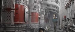 &gt;_&lt; 3d_background 3girls black_hair black_pants blue_collar box cable chise_huixing_denixi collar door fire_extinguisher hatch highres holding holding_box indoors industrial_pipe lamp long_hair multiple_girls neckerchief open_door original pants potato railing red_neckerchief rivets scenery school_uniform science_fiction shirt short_hair short_sleeves sign stairs tripping warning_sign wheel white_shirt