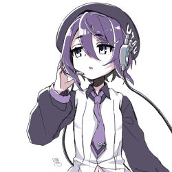 1girl beret black_collar black_hat black_sleeves cable chestnut_mouth collar collared_shirt commentary double-parted_bangs hair_between_eyes hat headphones highres long_sleeves looking_to_the_side looking_up marui_kado microphone navel necktie pale_skin parted_lips purple_eyes purple_hair purple_necktie purple_trim radio_antenna robot_ears shirt short_hair signature simple_background solo tie_clip upper_body utane_uta utau white_background white_shirt
