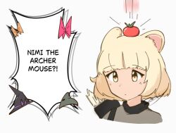 Rule 34 | 1girl, animal ears, arrow (projectile), black hat, blonde hair, bow, closed mouth, commentary, dancer rabbit, druid rabbit, english commentary, english text, expressionless, food, food on head, fruit, fruit on head, grey shirt, hat, hat bow, headscarf, heavyblade rabbit, looking at viewer, mouse ears, mouse girl, nimi the archer mouse, object on head, orange bow, phineas and ferb, pink bow, purple bow, quiver, rabbit and steel, rei (reileky), shirt, short hair, simple background, solo, tomato, upper body, white background, witch hat, wizard rabbit, yellow eyes