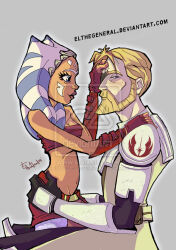 1boy 1girl age_difference ahsoka_tano beard belt blonde_hair blue_eyes elthegeneral facial_hair fingerless_gloves gloves grey_background lips mole mole_under_eye obi-wan_kenobi red_belt simple_background star_wars star_wars:_the_clone_wars third-party_source