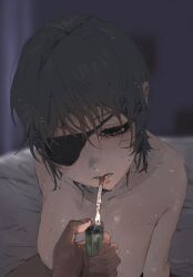 1boy 1girl absurdres black_eyes black_hair breasts chainsaw_man collarbone dark-skinned_male dark_skin eyepatch highres himeno_(chainsaw_man) holding holding_lighter large_breasts le_(szs0k) lighter lighting_cigarette looking_down nude on_bed open_mouth pov short_hair solo_focus teeth