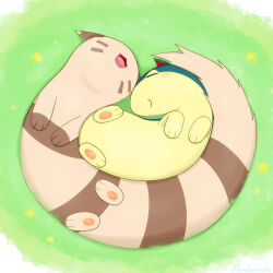 creatures_(company) facial_mark furret game_freak gen_2_pokemon highres kenikenikeke lying nintendo on_back open_mouth pokemon pokemon_(creature) quilava signature smile twitter_username whisker_markings