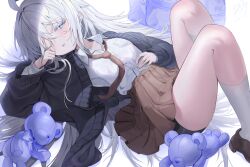 1girl absurdres ahoge bag black_cardigan breasts brown_necktie brown_shoes brown_skirt buttons cardigan collared_shirt commentary feet_out_of_frame grey_hair hand_on_own_stomach highres kneehighs knees_up lerome long_hair long_sleeves lying necktie on_back one_eye_closed original pleated_skirt rubbing_eyes shirt shoes skirt socks solo stuffed_animal stuffed_toy teddy_bear white_shirt white_socks