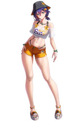1girl absurdres belle_(summer_skies)_(zenless_zone_zero) belle_(zenless_zone_zero) bikini bikini_top_under_shirt bikini_under_clothes blue_hair bowlp breasts bucket_hat commentary full_body green_eyes hair_between_eyes hat highres long_bangs looking_at_viewer medium_breasts navel off-shoulder_shirt off_shoulder official_alternate_costume orange_bikini orange_shorts sandals see-through_clothes see-through_shirt shirt short_twintails shorts simple_background smile solo stomach swimsuit tied_shirt twintails white_background white_sandals white_shirt zenless_zone_zero