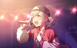 Rule 34 | 1girl, azusawa kohane, backwards hat, baseball cap, blonde hair, hand on own chest, hat, highres, holding, holding microphone, jacket, jewelry, light brown hair, long sleeves, microphone, music, necklace, open clothes, open jacket, open mouth, project sekai, red jacket, shirt, short twintails, singing, solo, star (symbol), sweat, teeth, twintails, upper body, yellow eyes
