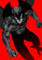 Rule 34 | 1boy, absurdres, claws, crying, crying with eyes open, demon, demon boy, demon wings, devilman, devilman (character), devilman crybaby, greyscale with colored background, head wings, highres, male focus, muscular, muscular male, red background, sharp teeth, simple background, solo, sorage (f91 qhb0019), tears, teeth, wings