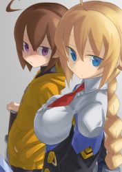 2girls ahoge artist_request blazblue blazblue:_cross_tag_battle blonde_hair blue_eyes braid breast_envy breasts brown_hair dress envy es_(xblaze) flat_chest french-bread hasibiro hood hoodie large_breasts linne_(under_night_in-birth) long_hair looking_at_viewer multiple_girls orange_shirt purple_eyes shirt short_hair sword under_night_in-birth weapon