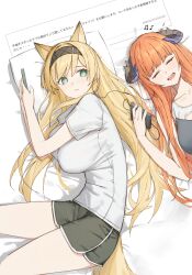 2girls absurdres allen.n animal_ears arknights bagpipe_(arknights) beamed_eighth_notes black_hairband black_horns black_shorts blonde_hair breasts closed_eyes closed_mouth commentary_request dolphin_shorts earphones eighth_note facing_viewer green_eyes hairband highres holding horn_(arknights) horns inset large_breasts listening_to_music long_hair looking_at_another lying multiple_girls musical_note on_back on_side open_mouth orange_hair request_inset shirt short_sleeves shorts simple_background translation_request turning_head white_background white_shirt yuri