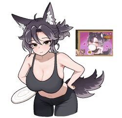 Rule 34 | 1girl, :3, ahoge, animal ear fluff, animal ears, bent over, black pants, black sports bra, black tail, breasts, character request, cleavage, cocktiel77, collarbone, commentary request, cropped legs, fox ears, fox girl, fox tail, frisbee, frisbee in mouth, green eyes, hair bun, hand on own hip, holding, holding toy, korean commentary, large breasts, medium hair, navel, pants, ran (trickcal), reference inset, sidelocks, simple background, slit pupils, solo, sports bra, stomach, sweatpants, tail, toy, trickcal, white background