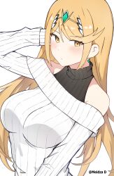 1girl alternate_costume arm_behind_head artist_name blonde_hair blush breasts commentary highres large_breasts long_hair looking_at_viewer meidza_d mythra_(xenoblade) off-shoulder_sweater off_shoulder simple_background solo sweater tiara twitter_username upper_body white_background white_sweater xenoblade_chronicles_(series) xenoblade_chronicles_2 yellow_eyes