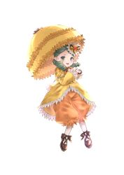 1girl absurdres dress drill_hair full_body green_eyes green_hair highres holding holding_umbrella kanaria long_hair looking_at_viewer majinno mary_janes parasol rozen_maiden shoes solo twin_drills umbrella yellow_dress